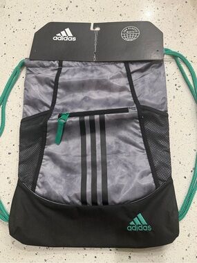 New mens womens adidas Gray and Teal Drawstring Backpack with Front Zip Pocket